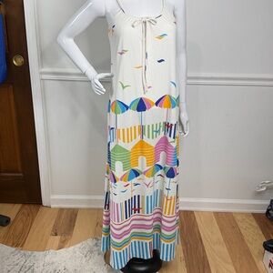 Vintage 70s Colorful Beach Umbrella and Bird Print Maxi Dress Beach Coverup
